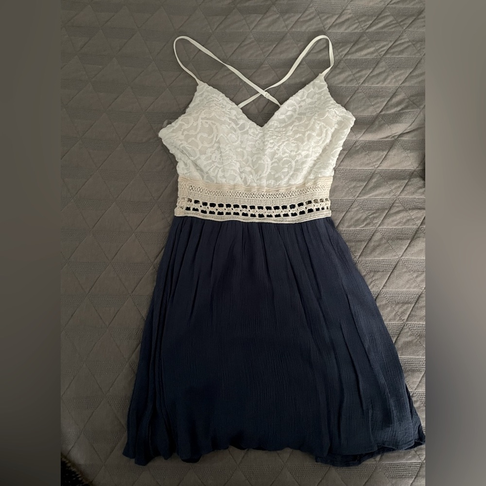 Crochet-trimmed lace overlay dress